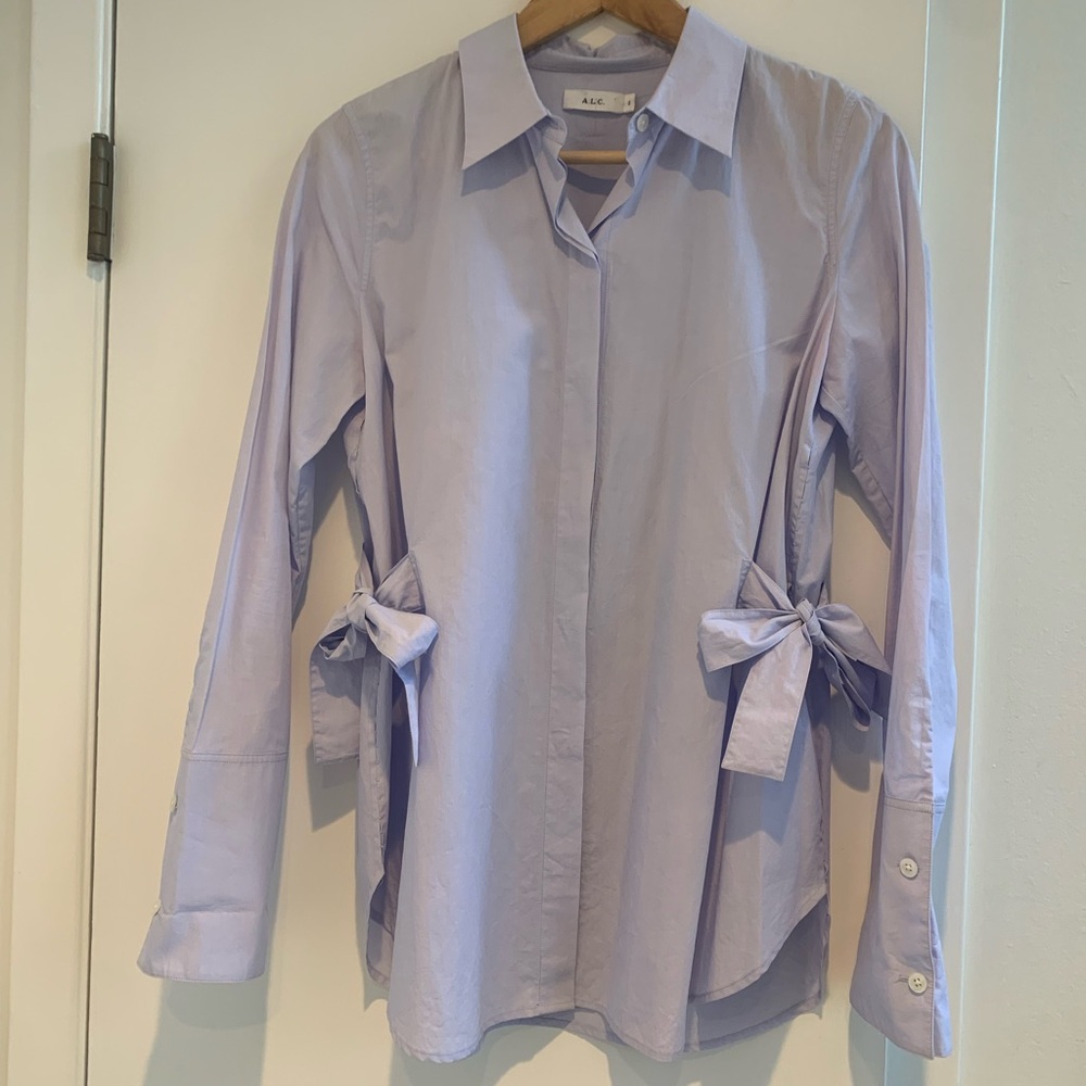 A.P.C. Women’s light blue cotton blouse with side tie detail, size 2